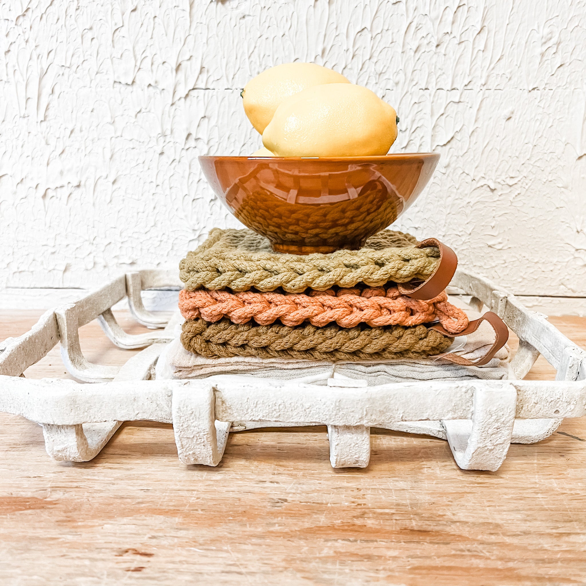 Square Polyresin Basket, Distressed White