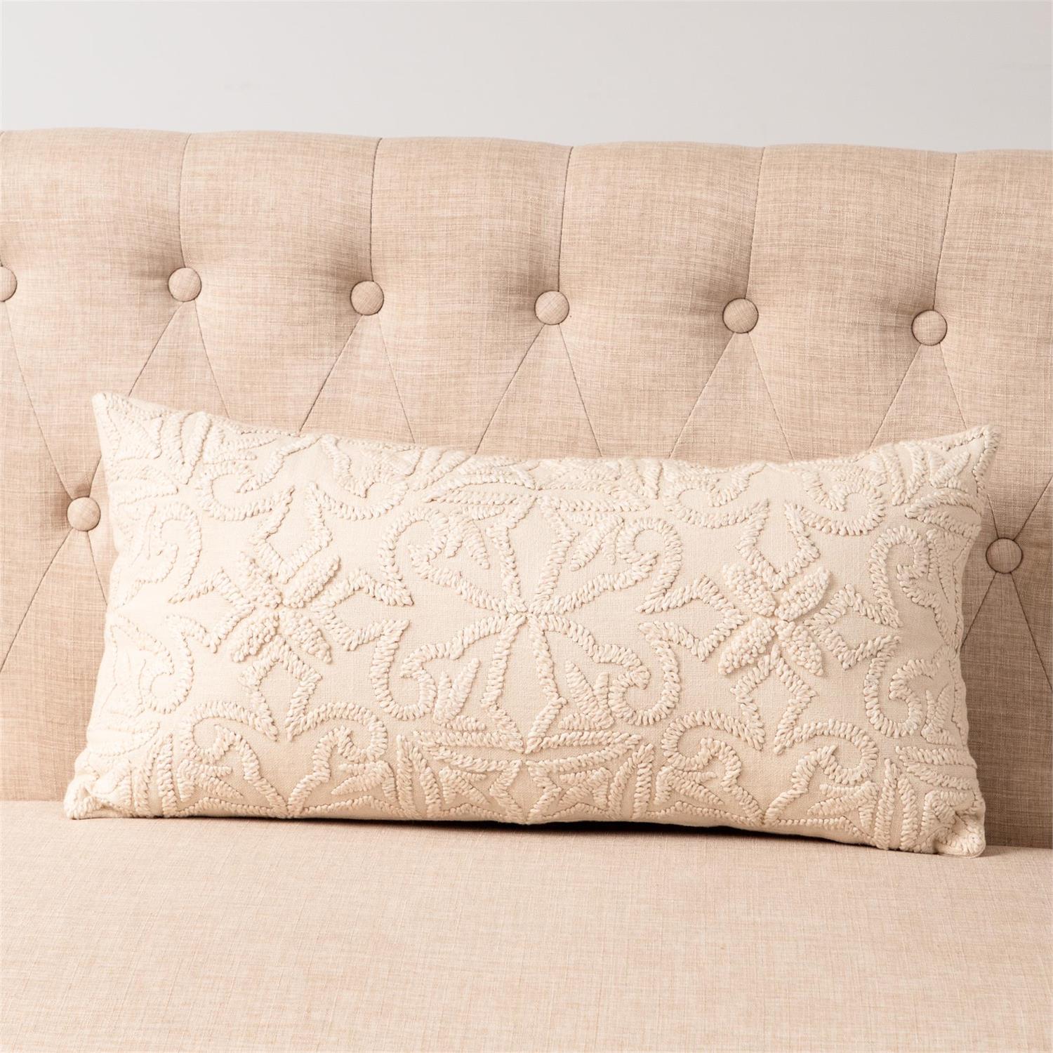 White Embroidered Lumbar Pillow