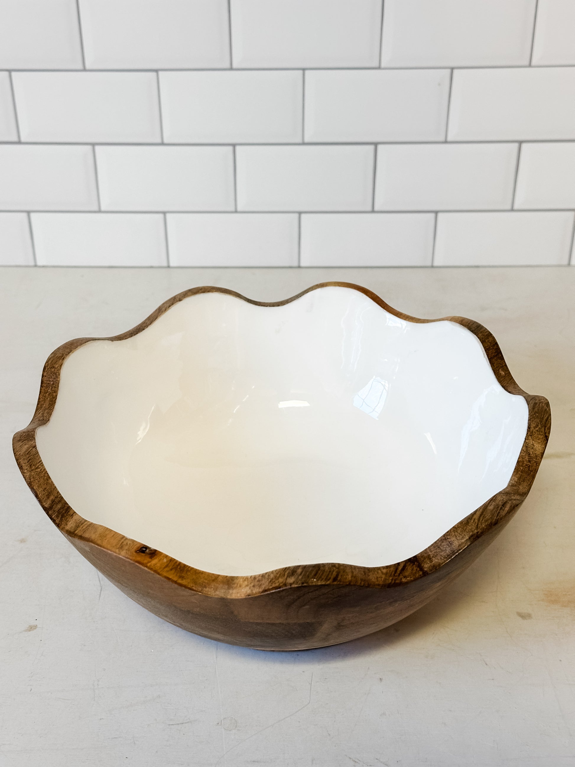 white enamel mango wood fluted bowl at The Rustic Barn in Killingworth, CT