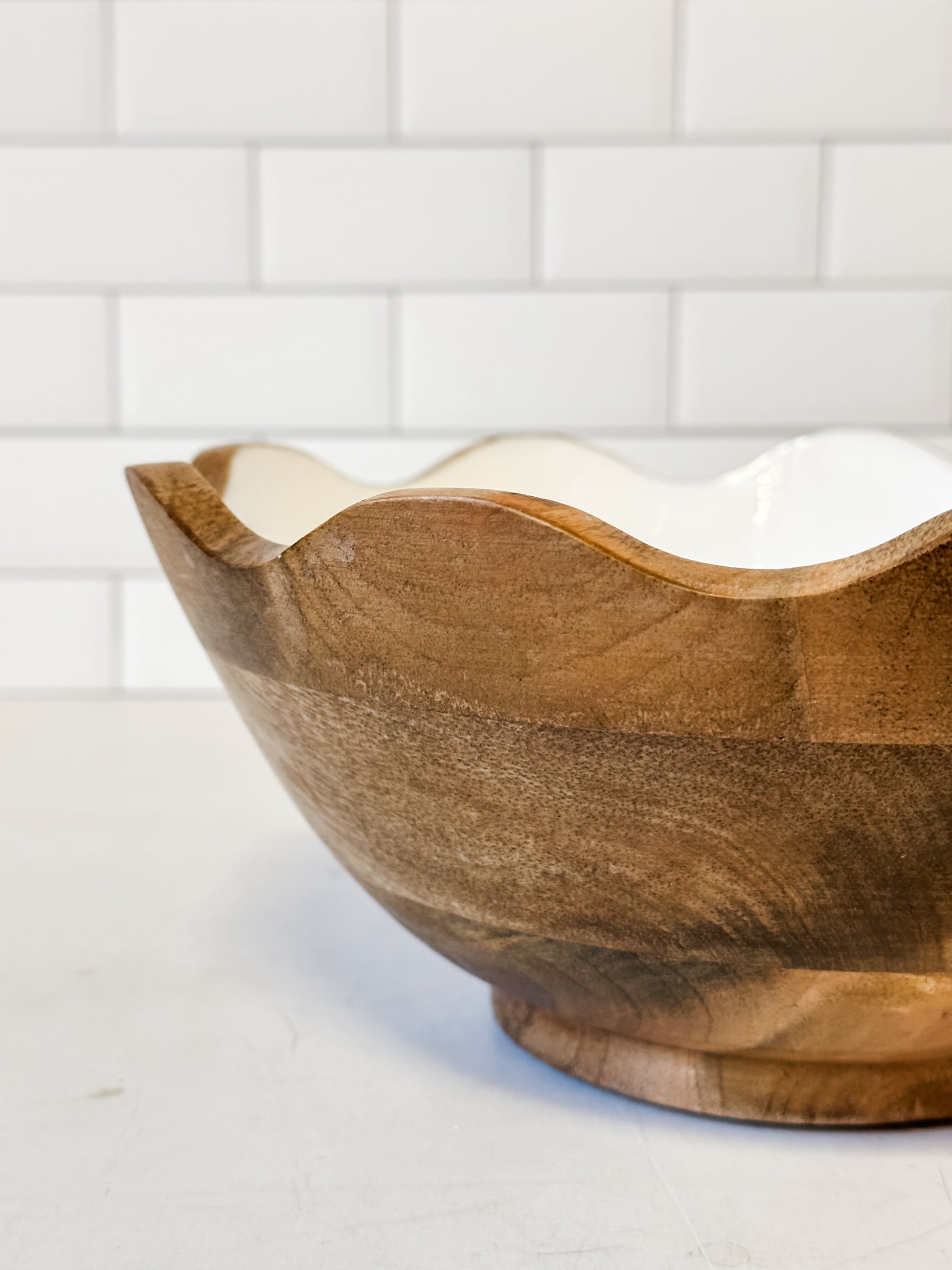 white enamel mango wood fluted bowl at The Rustic Barn in Killingworth, CT