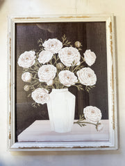 white flowers in vase framed print at The Rustic Barn in Killingworth CT