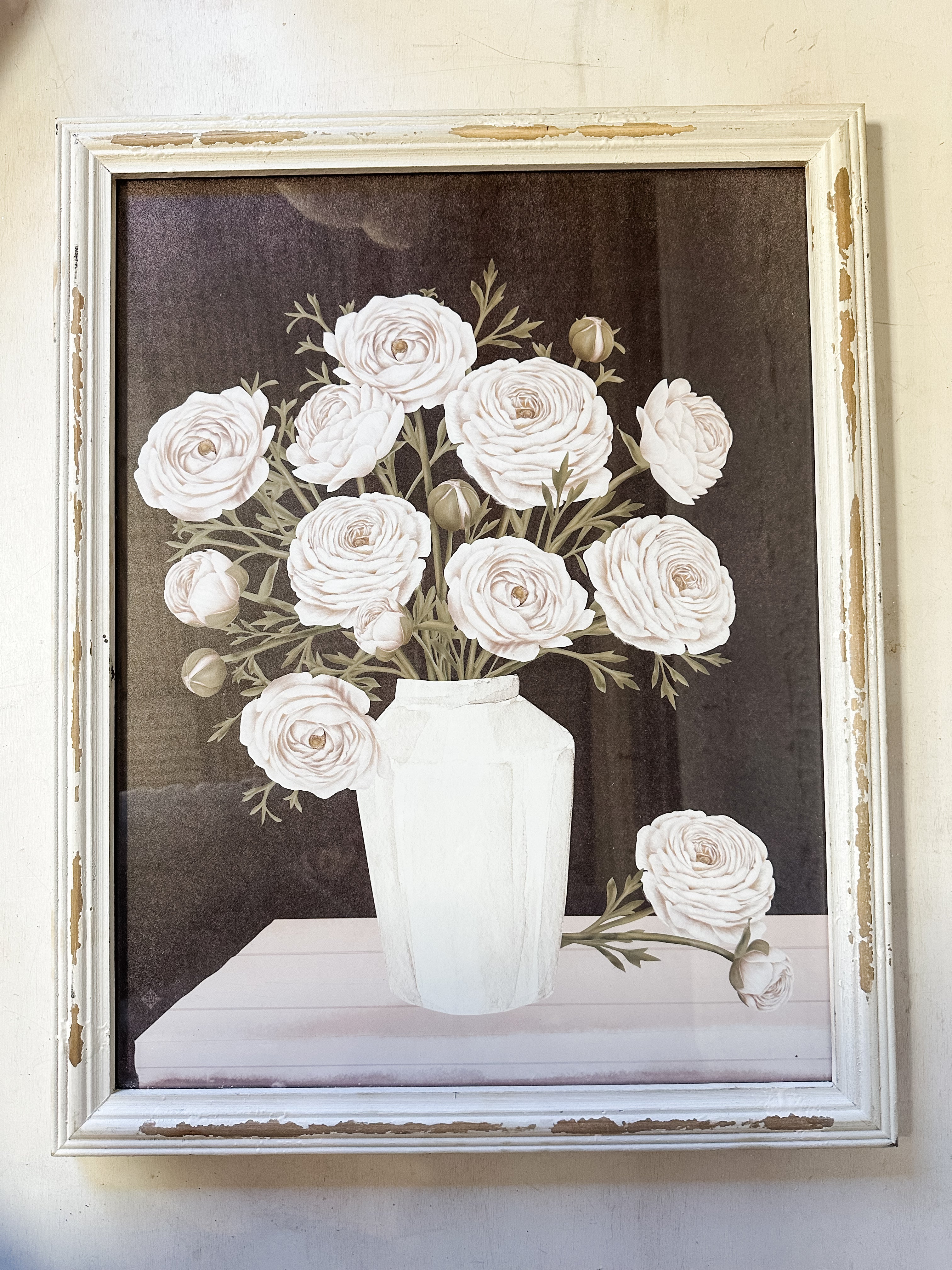 white flowers in vase framed print at The Rustic Barn in Killingworth CT