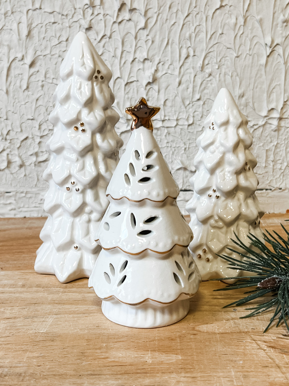 white stoneware set of 3 christmas trees at the rustic barn in killingworth ct