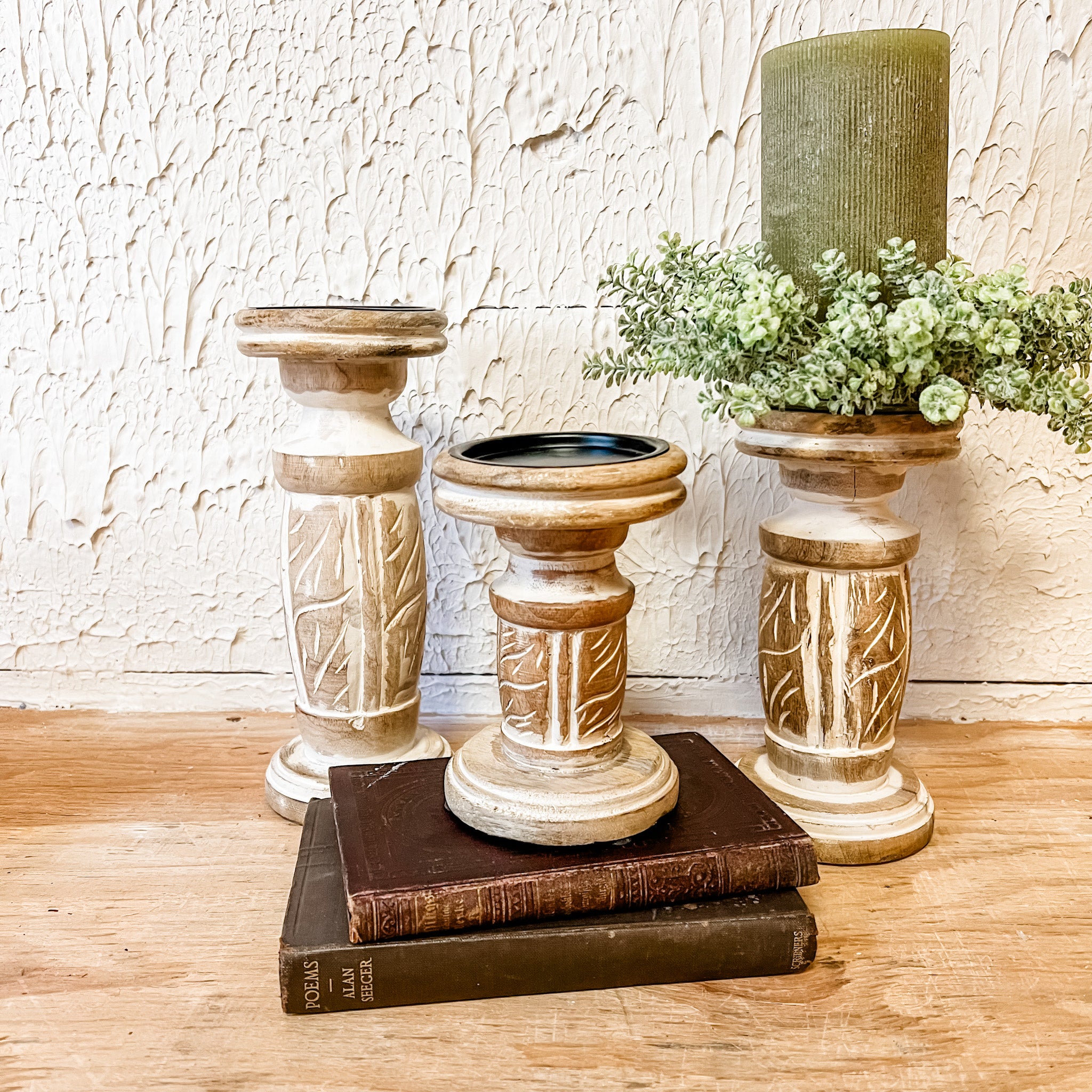 White Washed Wooden Candle Holders