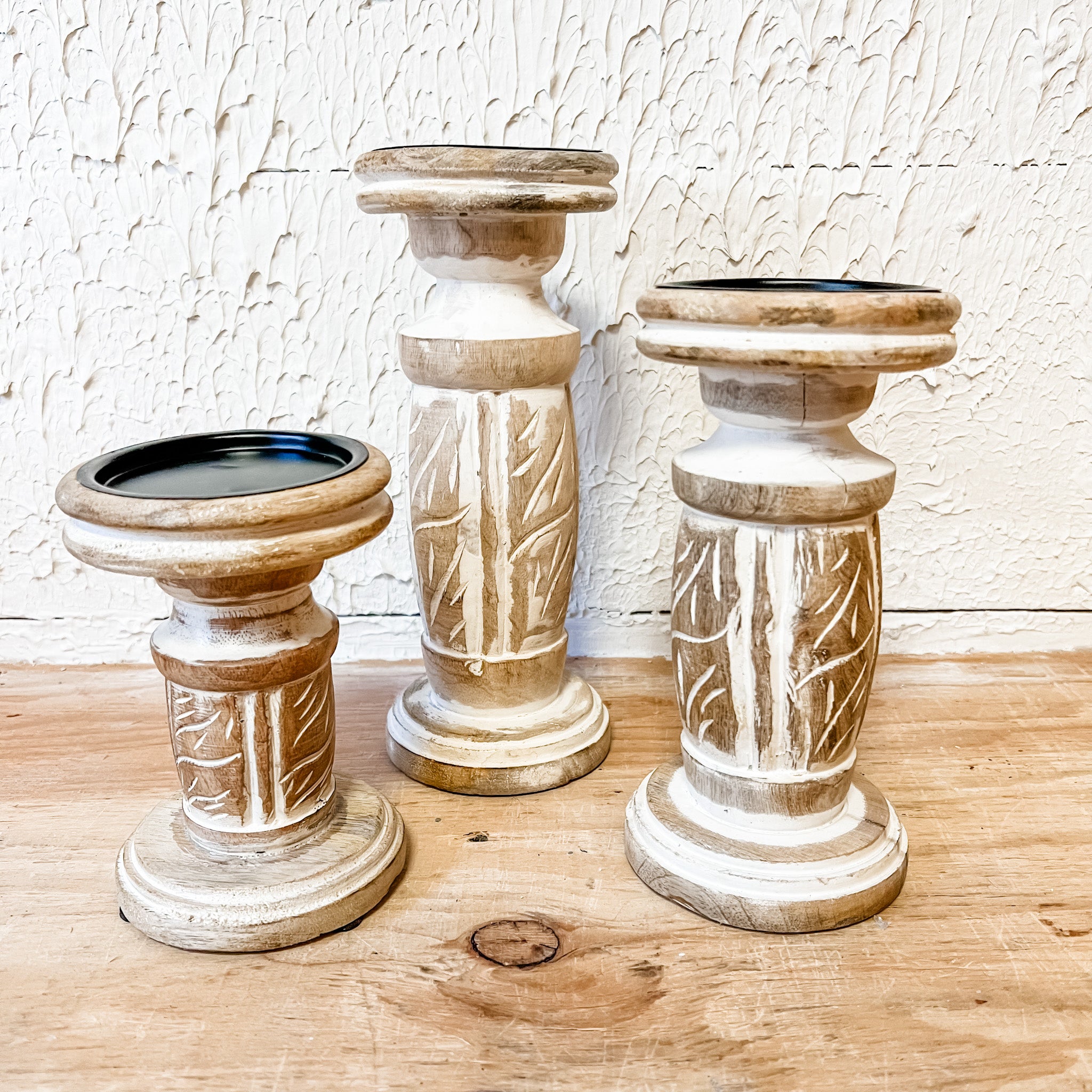 White Washed Wooden Candle Holders