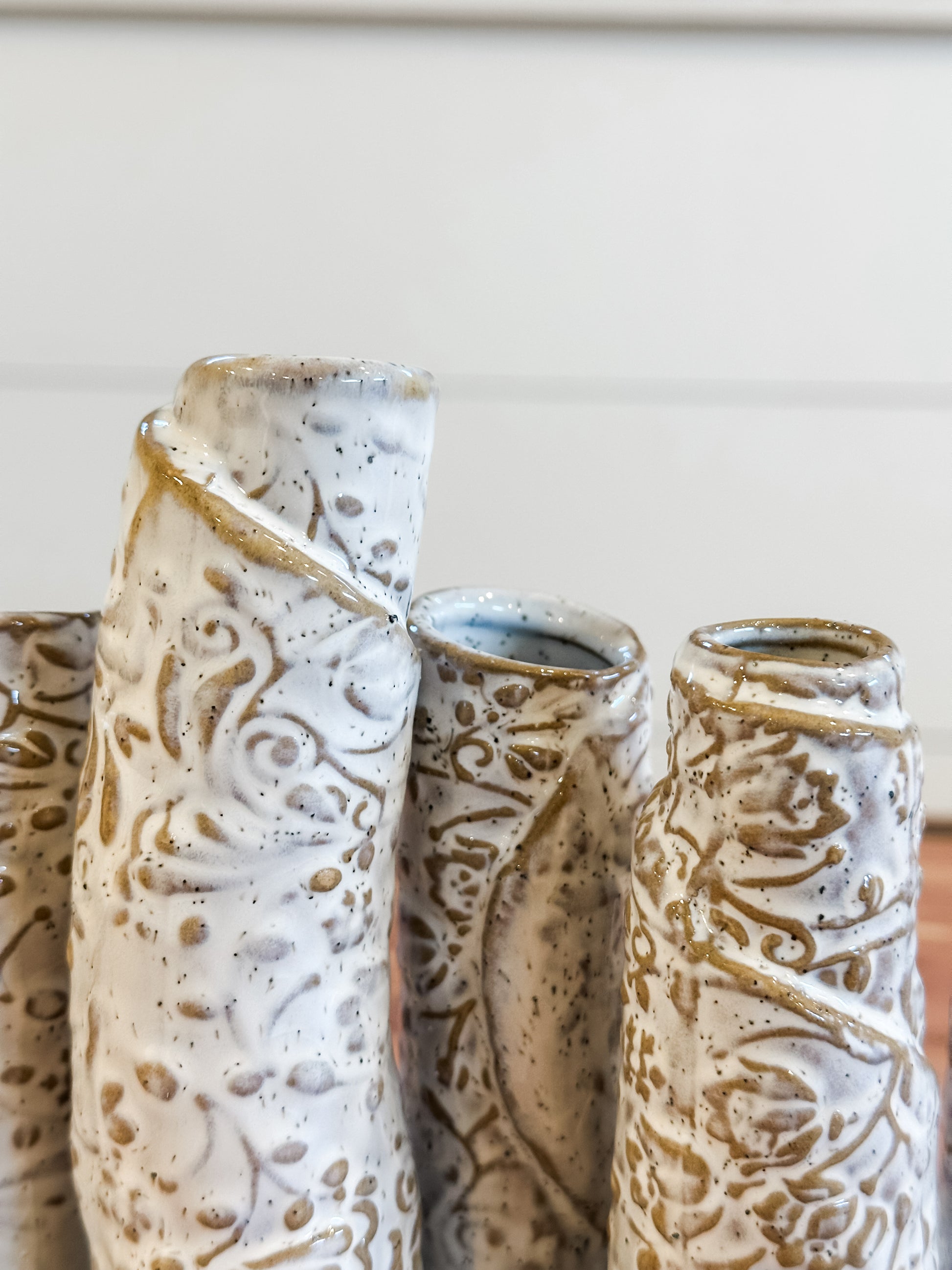 white washed embossed pattern. multi vase at The Rustic Barn in Killingworth, CT