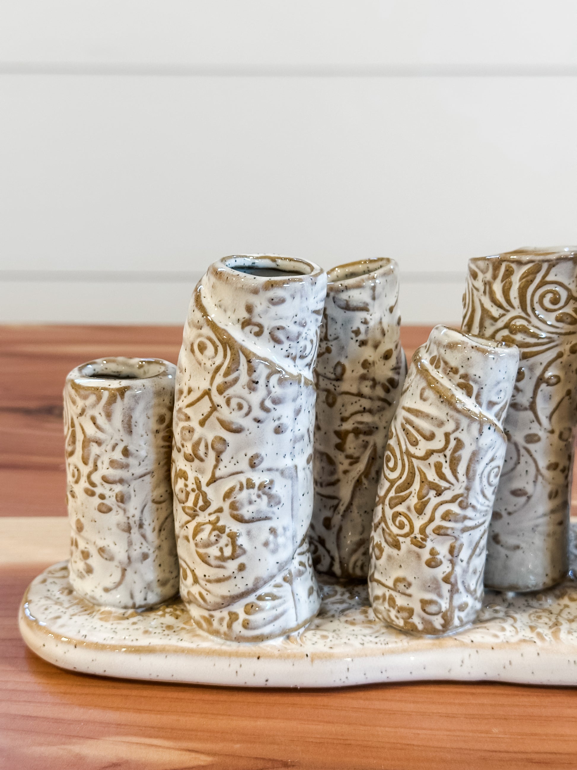 white washed embossed pattern. multi vase at The Rustic Barn in Killingworth, CT