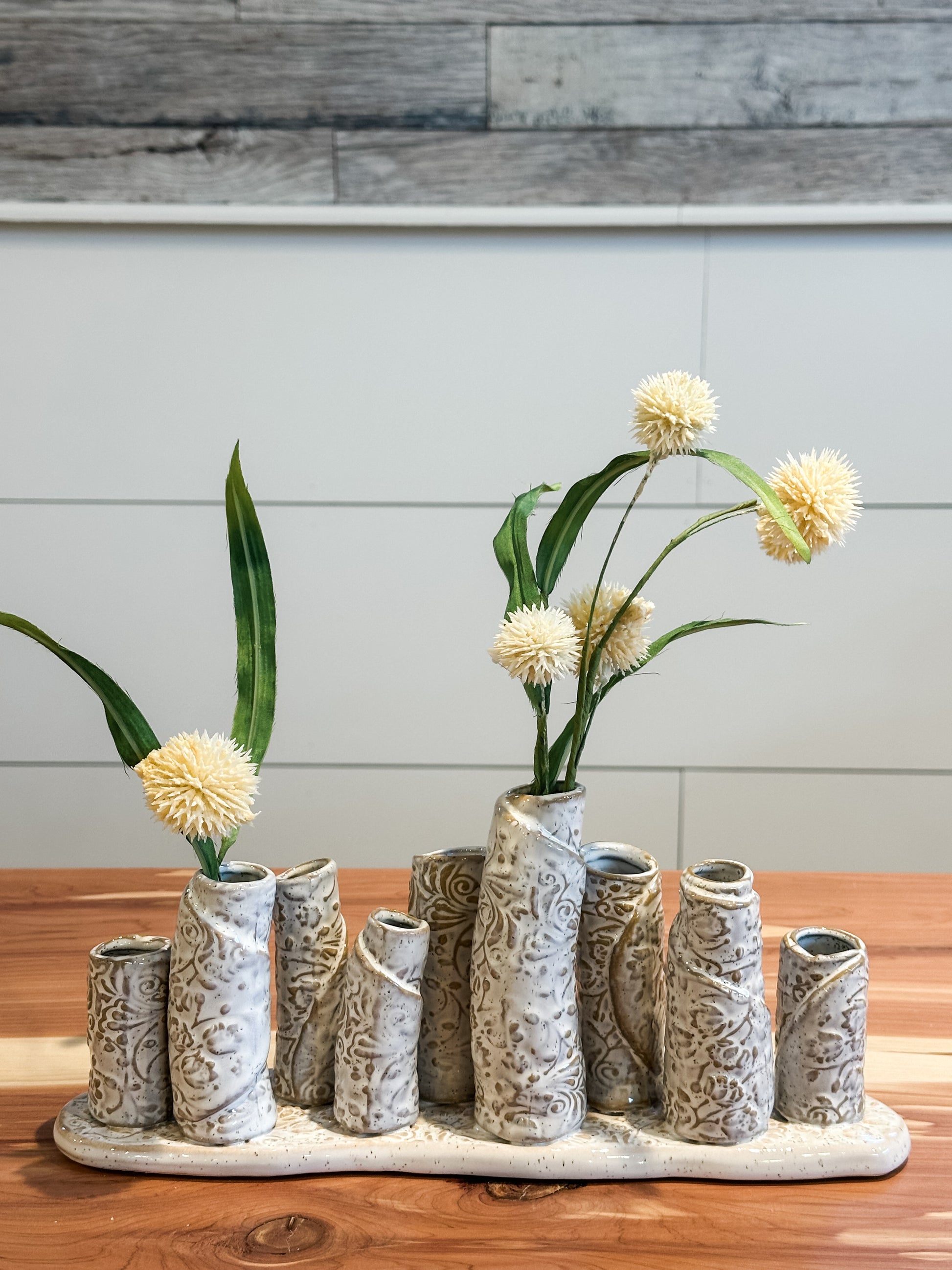 white washed embossed pattern. multi vase at The Rustic Barn in Killingworth, CT