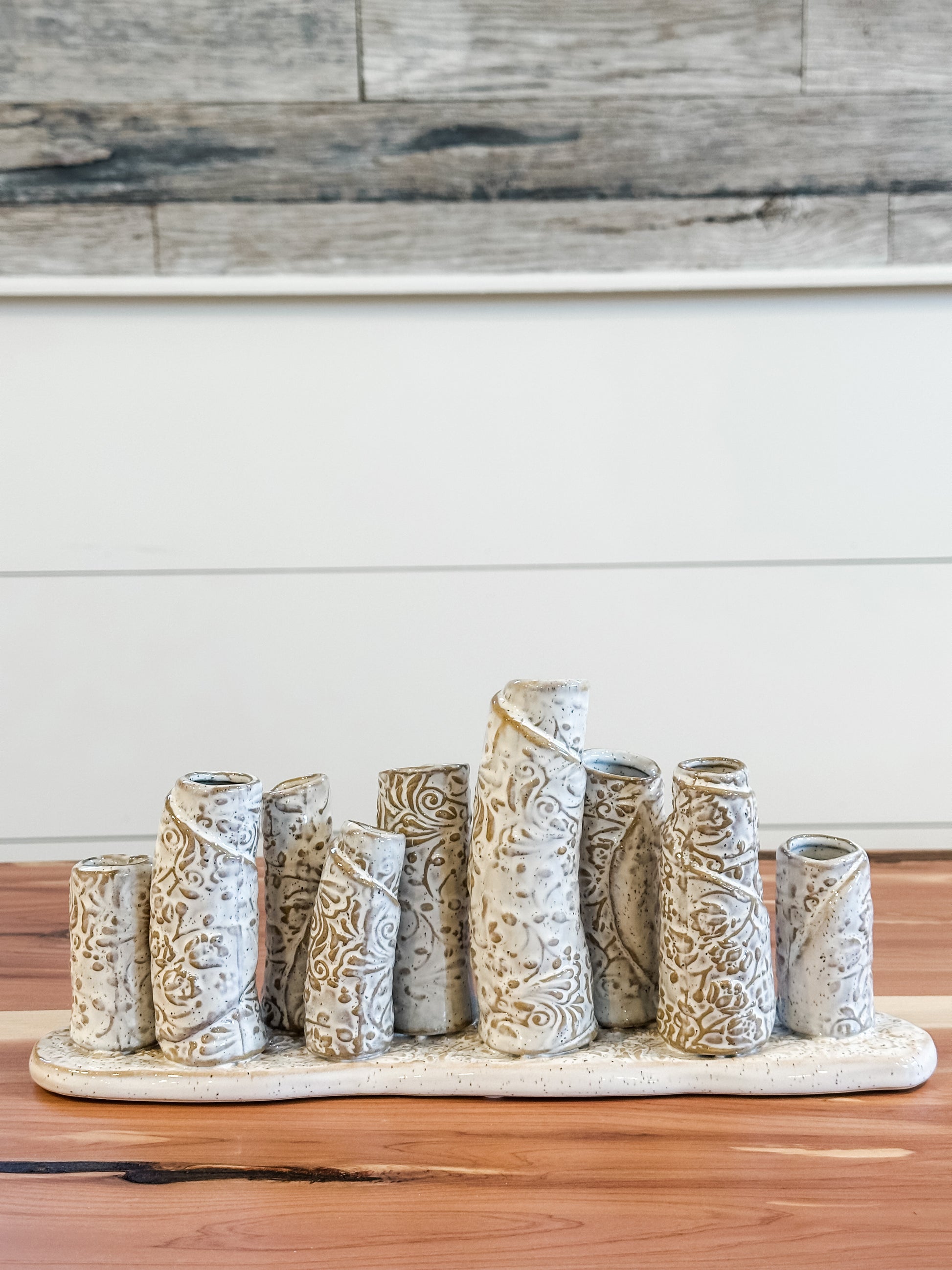 white washed embossed pattern. multi vase at The Rustic Barn in Killingworth, CT