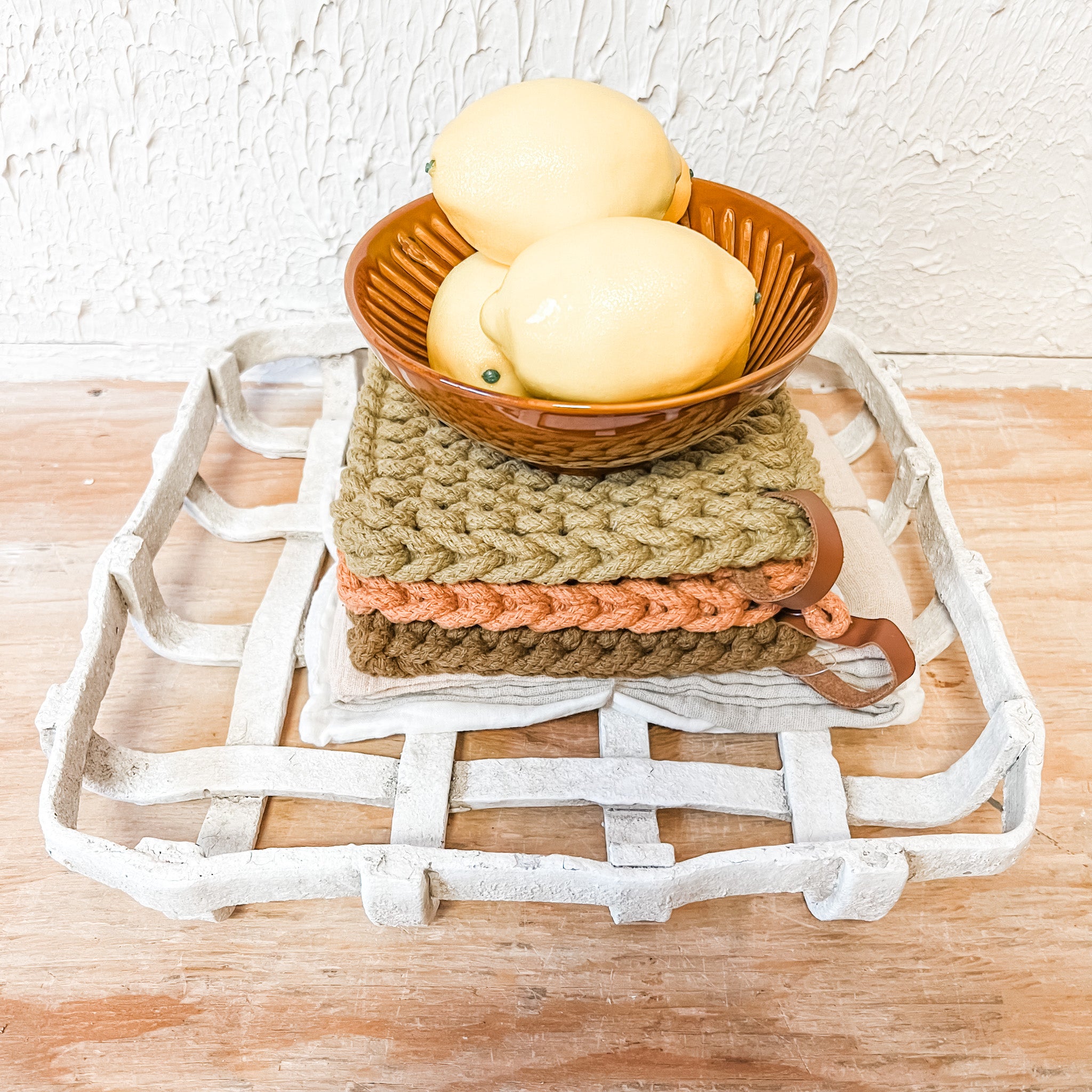 Square Polyresin Basket, Distressed White