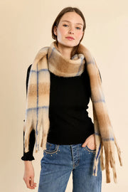 wide plaid camel scarf with fringe at the rustic barn in killingworth ct