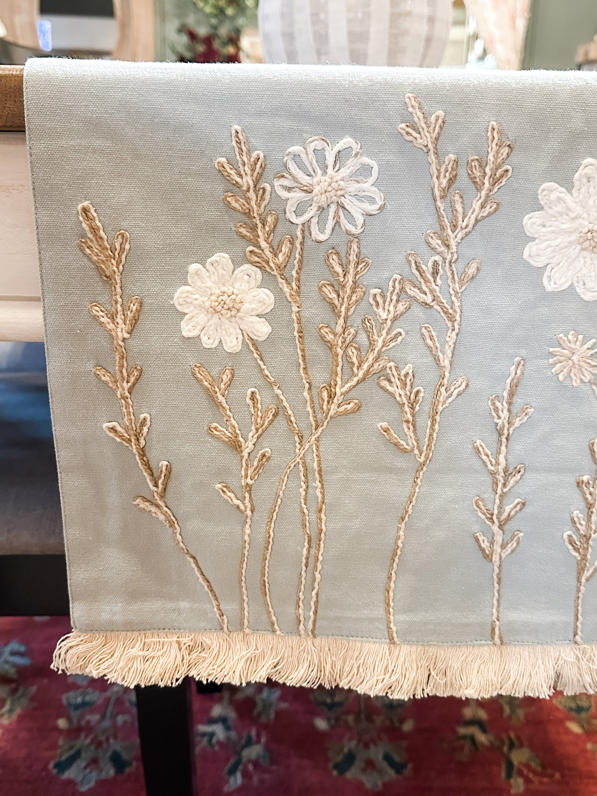 wildflower meadow embroidered blue table runner at the rustic barn in killingworth ct