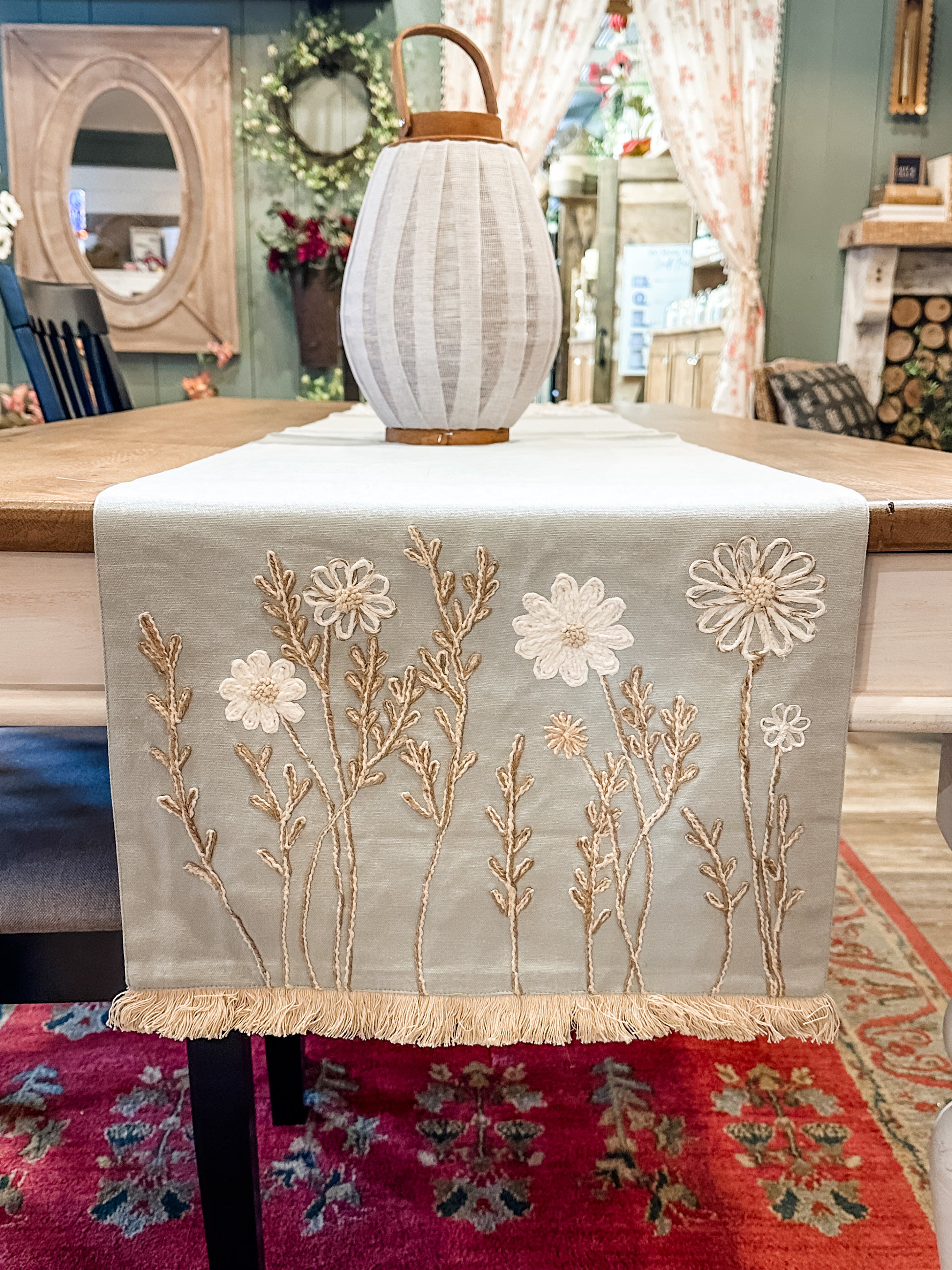 wildflower meadow embroidered blue table runner at the rustic barn in killingworth ct