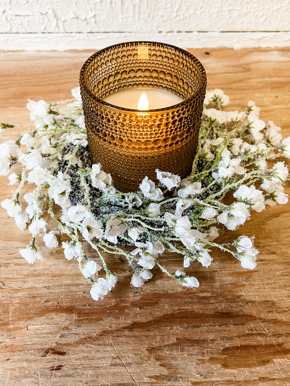 winter frosted flower candle ring at the rustic barn in killingworth ct