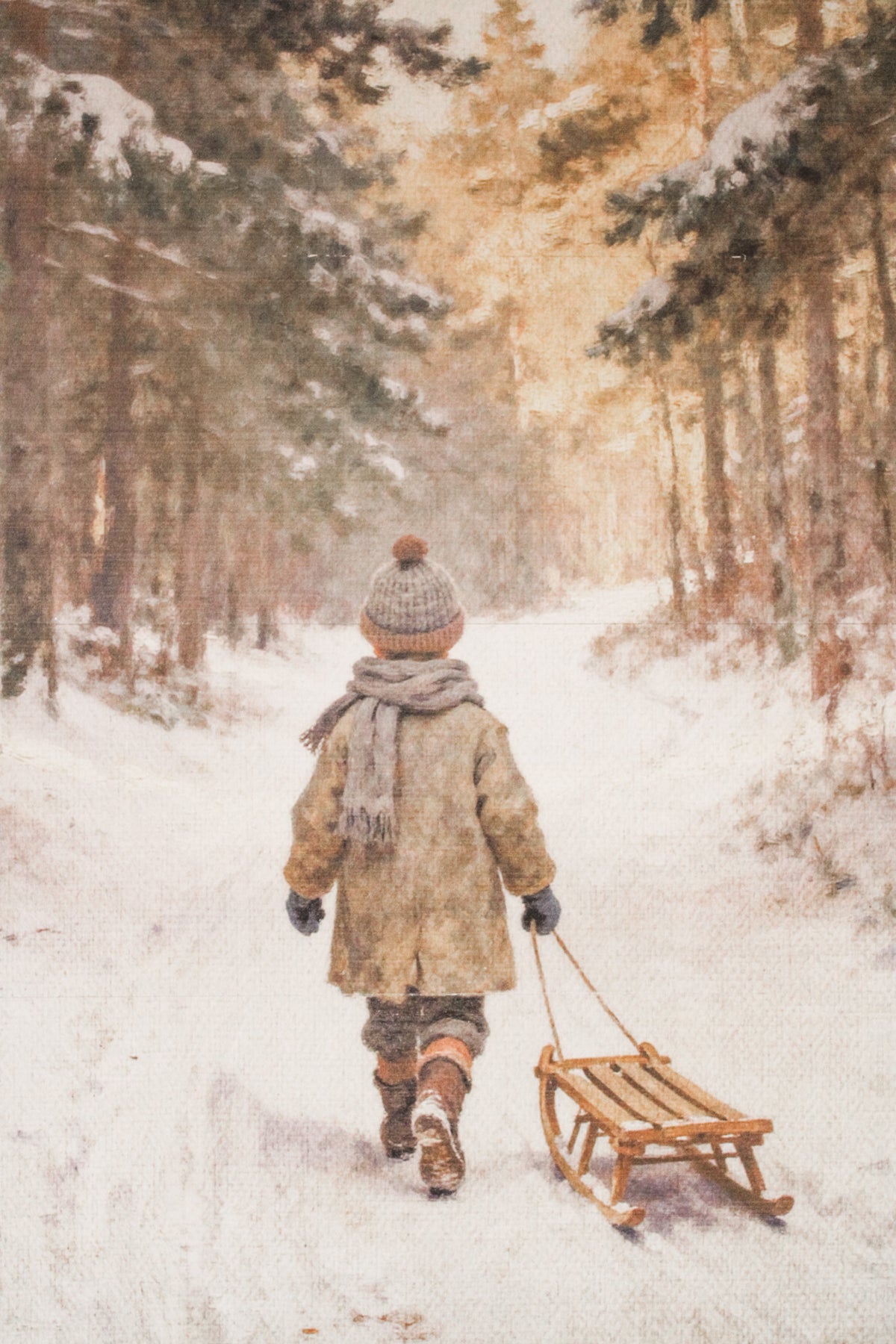 Winter memories wall art print of boy walking the snow with a sled and snowy scene for christmas for sale  at the rustic barn in Killingworth, CT