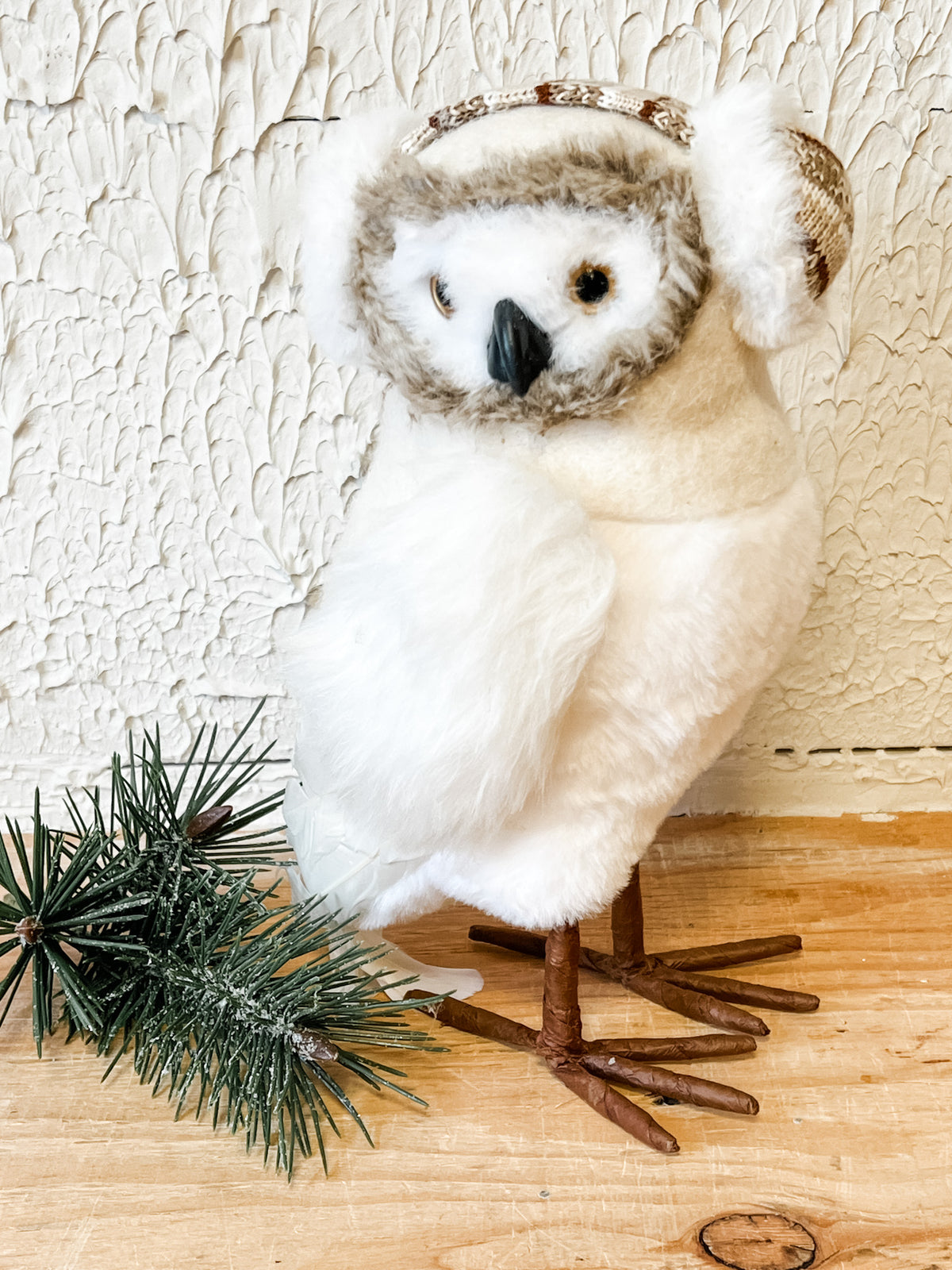 11 inch winter white owl with ear muffs on at the rustic barn in killingworth ct