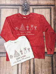 women's long sleeve mineral washed tee with just a girl who loves christmas saying at The Rustic Barn in Killingworth CT