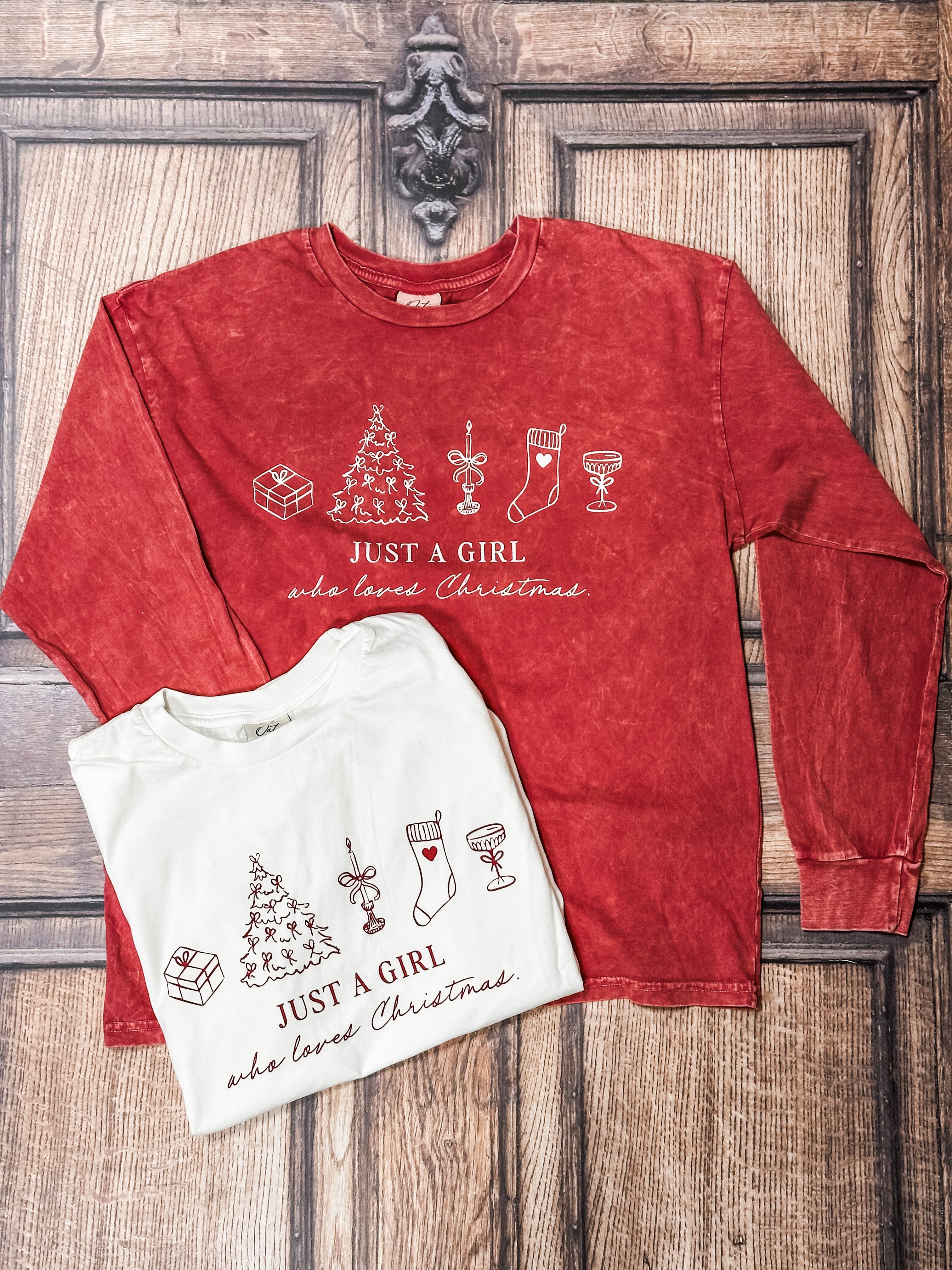 women's long sleeve mineral washed tee with just a girl who loves christmas saying at The Rustic Barn in Killingworth CT
