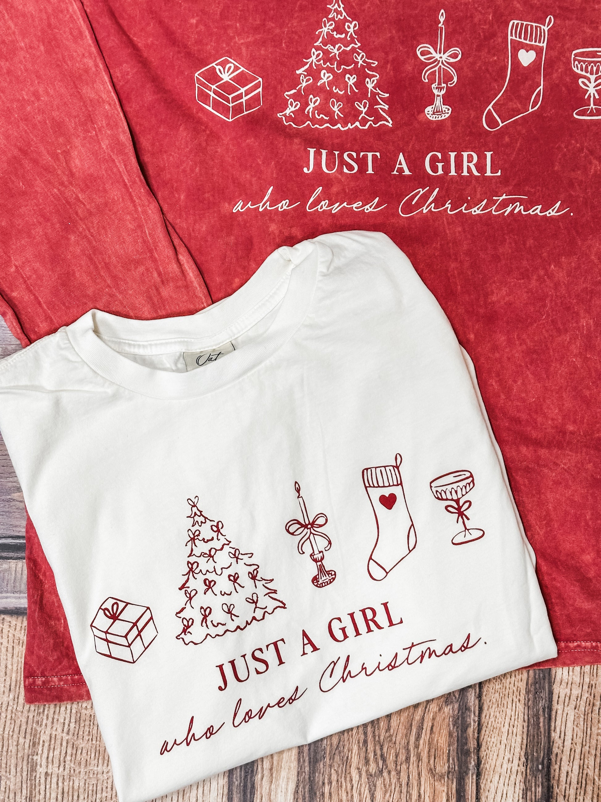 women's long sleeve mineral washed tee with just a girl who loves christmas saying at The Rustic Barn in Killingworth CT