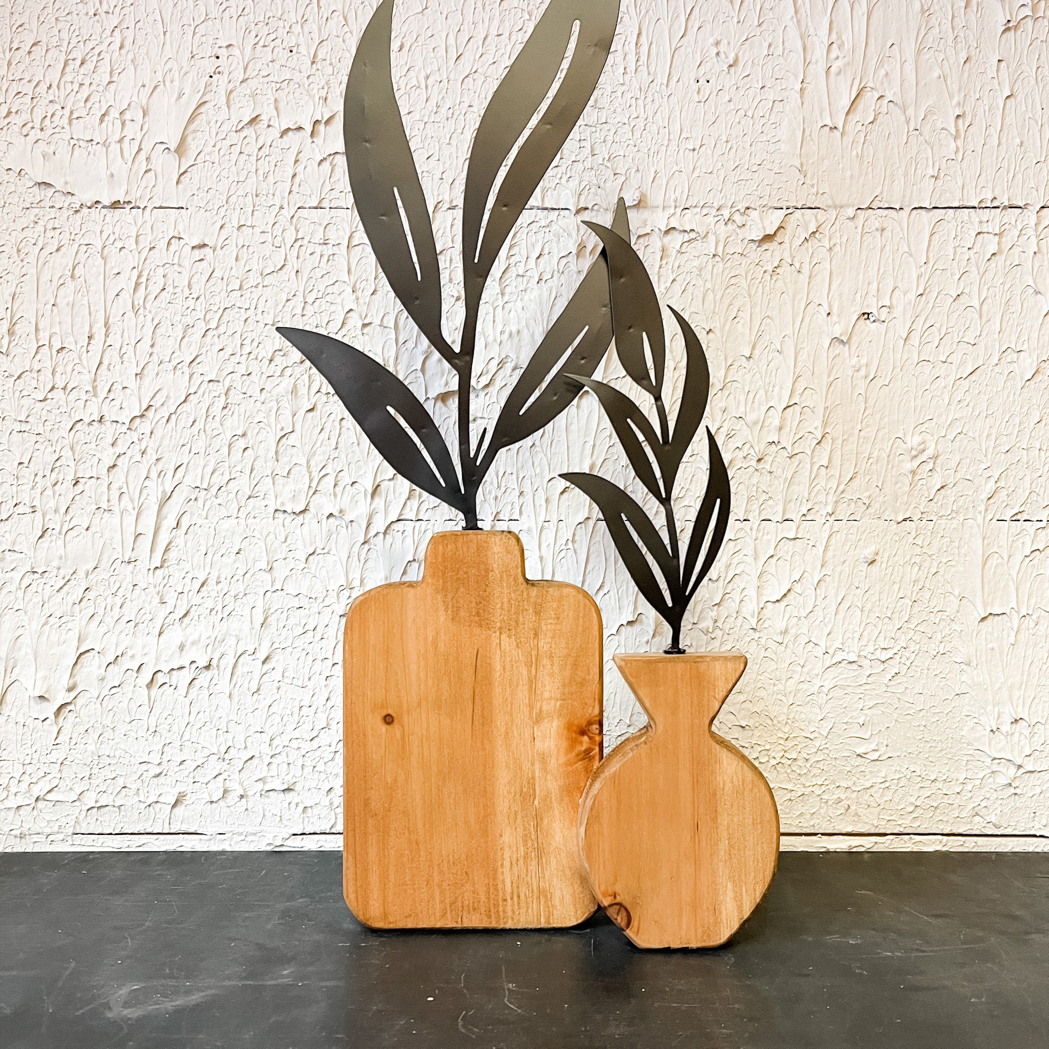 Wood & Metal Plant Sculpture, Double Vase