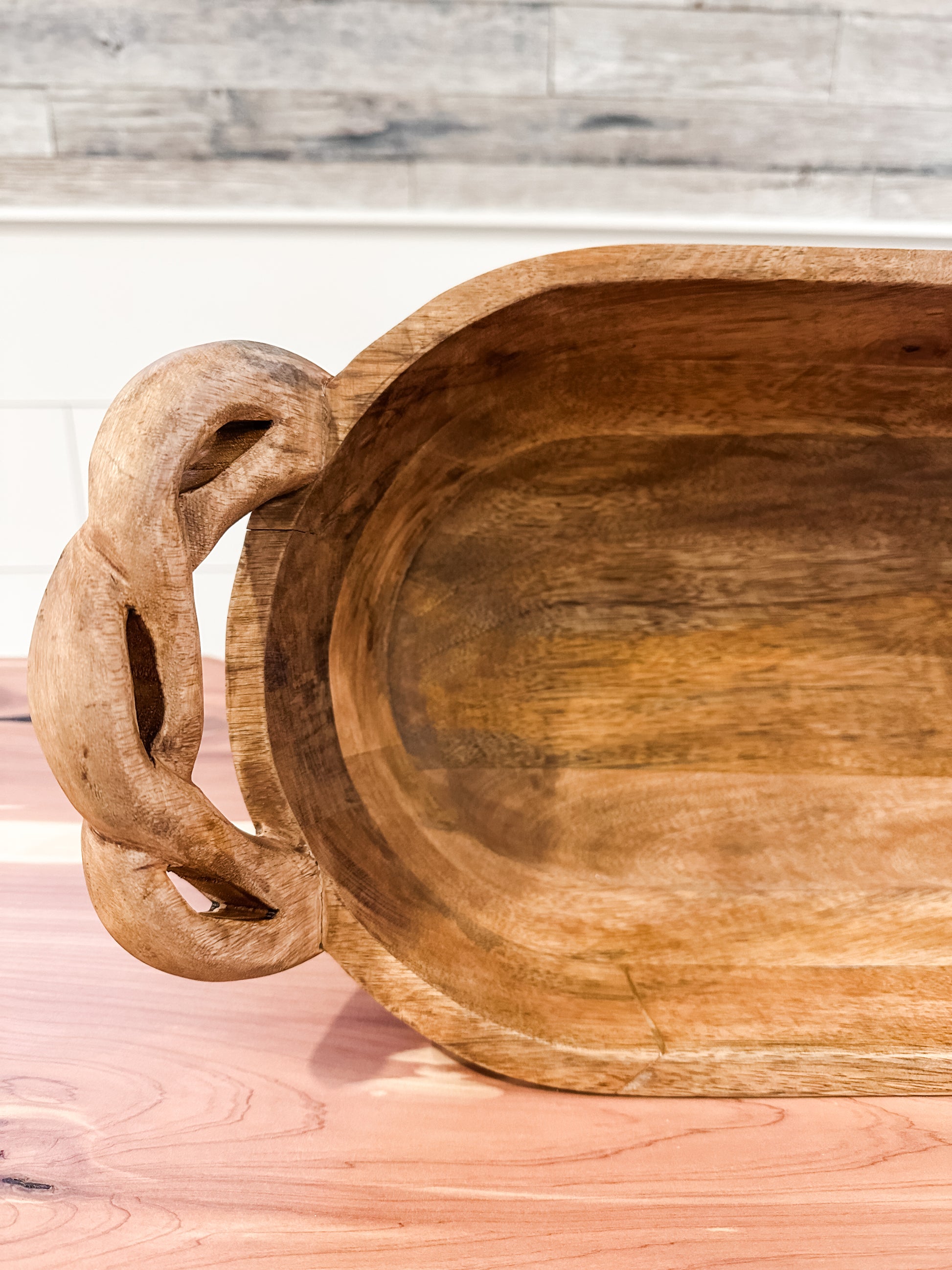 wood dough bowl with twisted handles at the Rustic Barn in Killingworth, CT