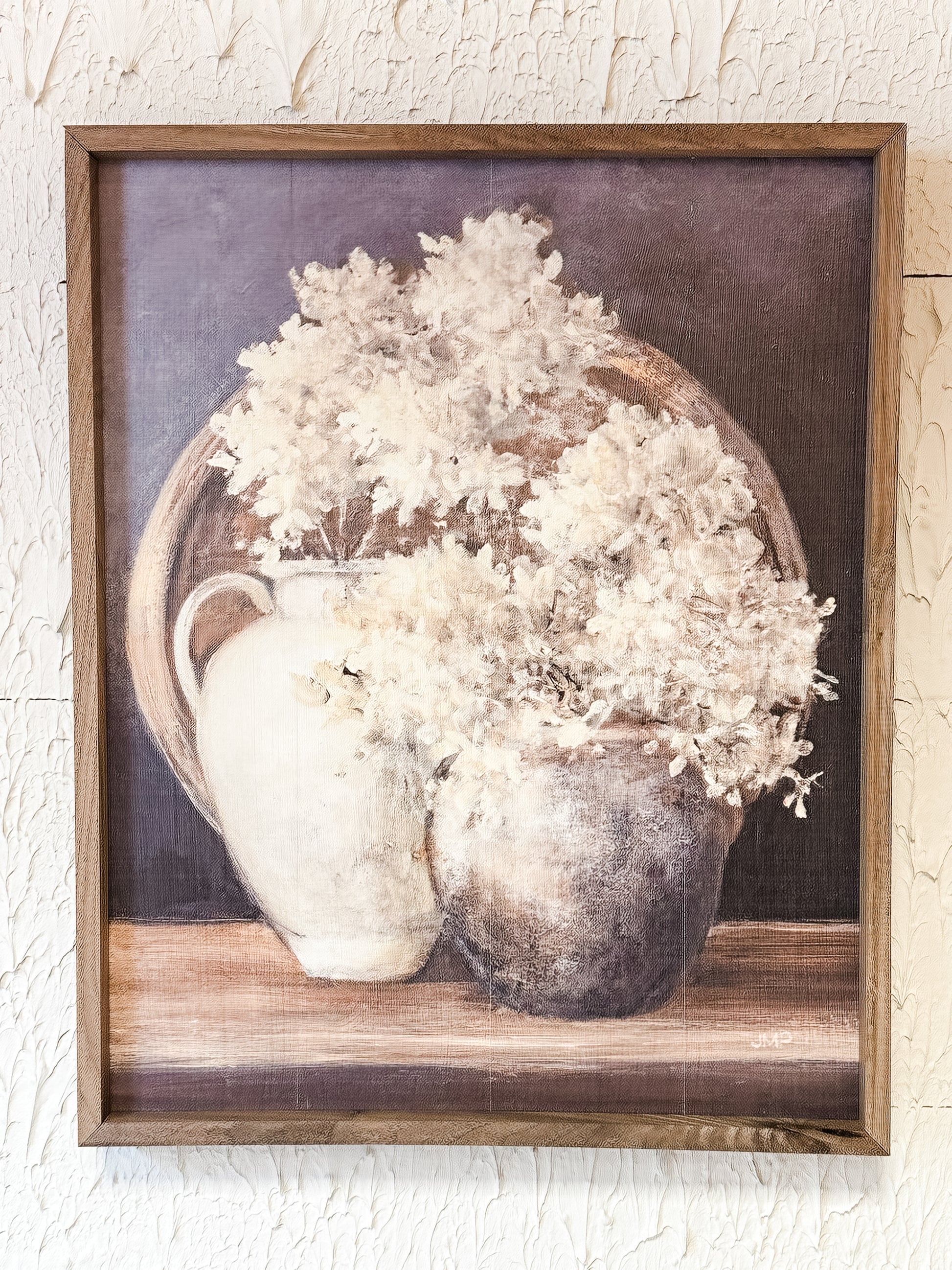 wooden print of two vases with cream hydrangeas at The Rustic Barn in Killingworth CT
