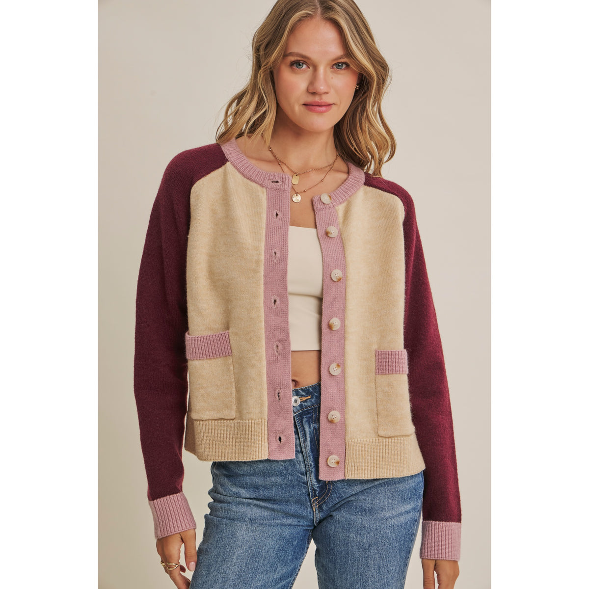 wool blend burgundy color block open front cardigan at the rustic barn in killingworth ct