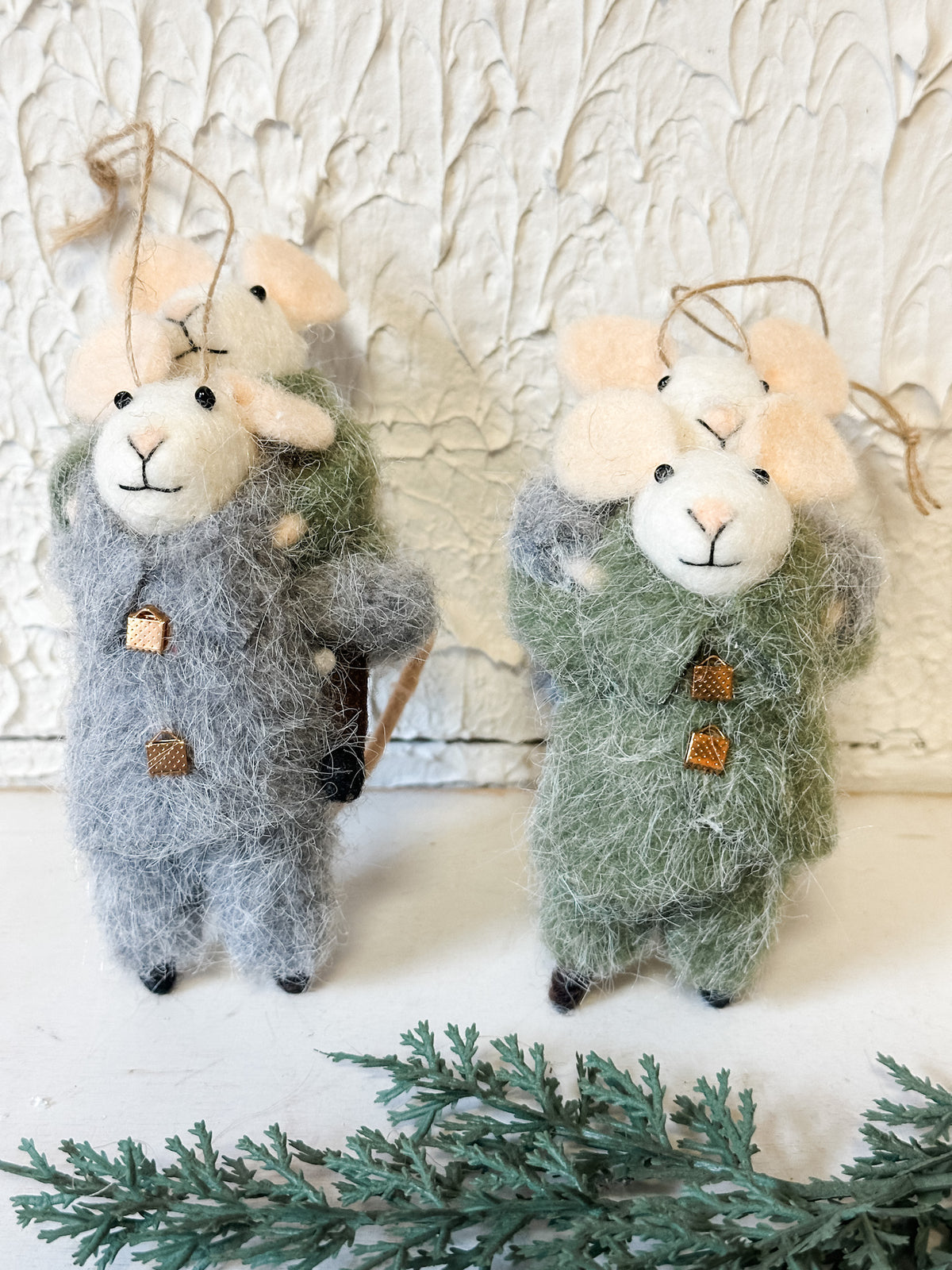 wool felt hugging piggy back mice ornaments at the rustic barn in killingworth ct