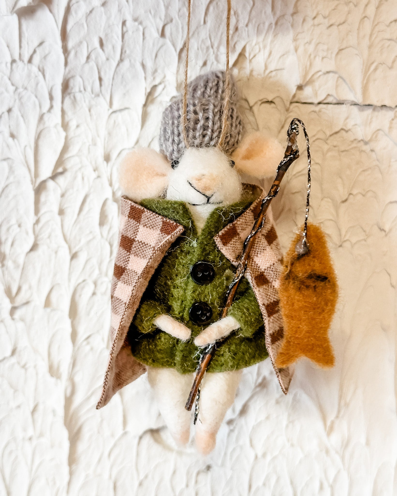 wool felt ice fisherman mouse ornament at the rustic barn in killingworth ct