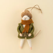 wool felt mouse with scarf and hat and camera at the rustic barn in killingworth ct