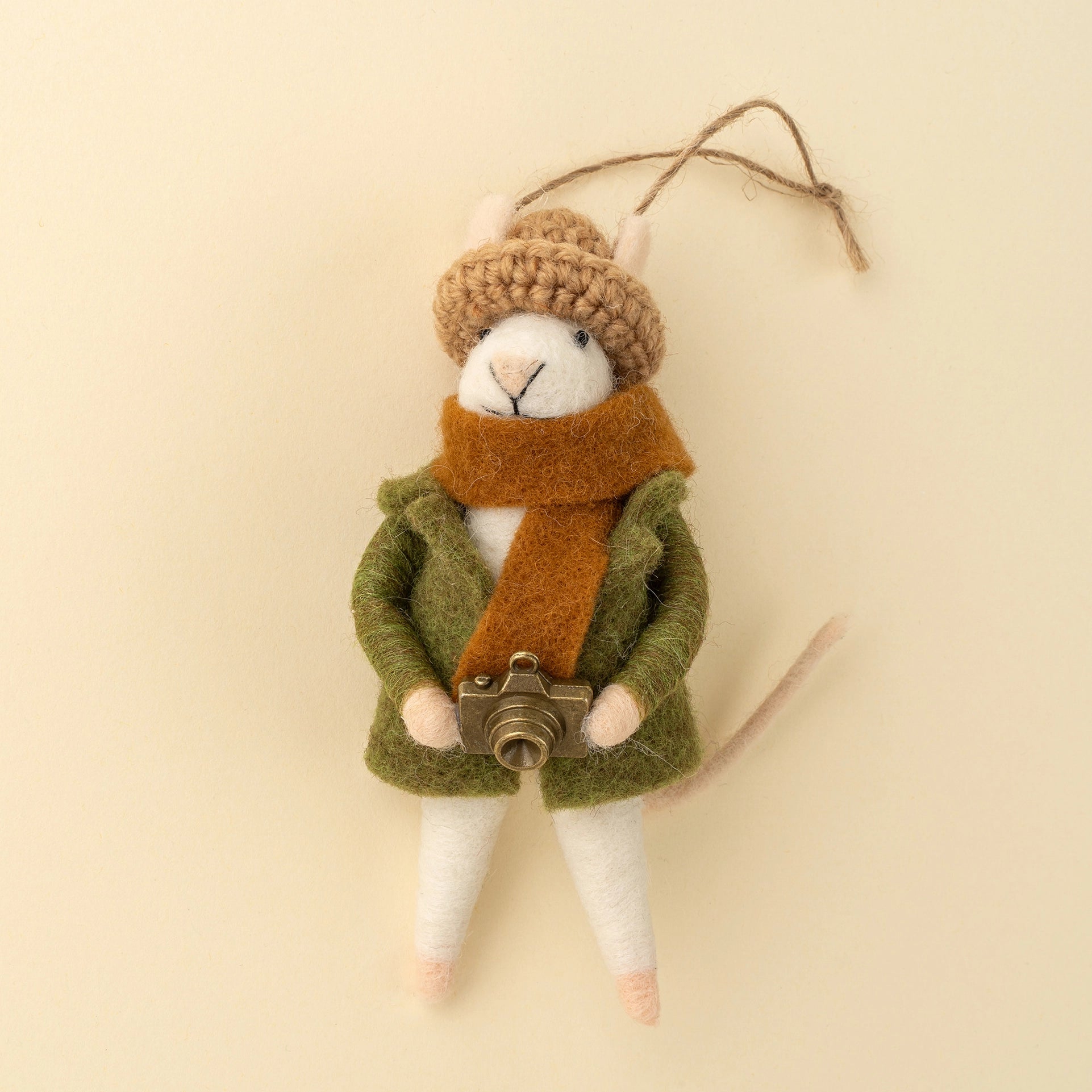 wool felt mouse with scarf and hat and camera at the rustic barn in killingworth ct