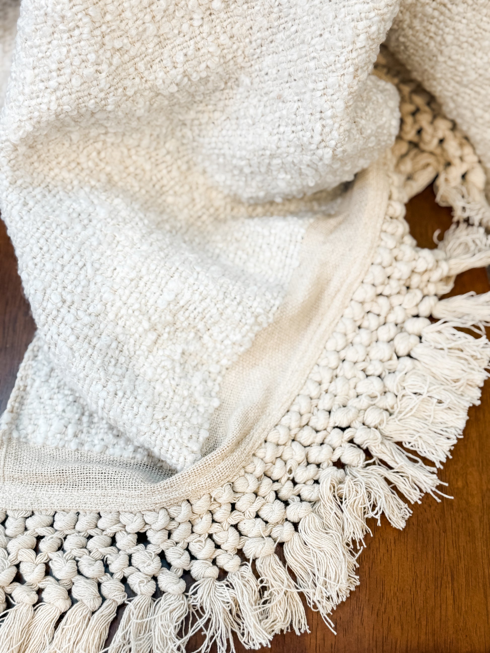 women boucle throw blanket with tassel fringe at The Rustic Barn in Killingworth, CT