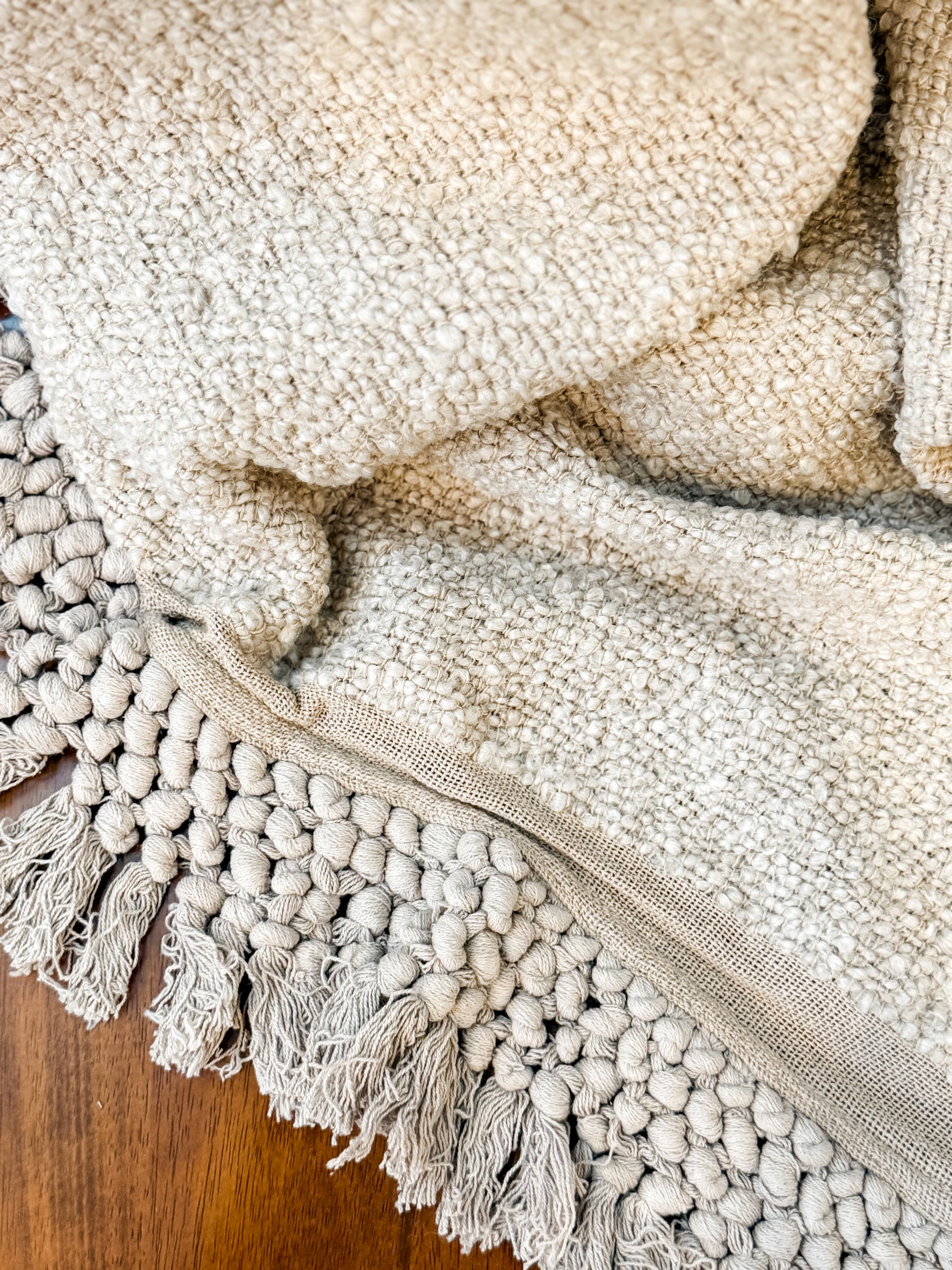 women boucle throw blanket with tassel fringe at The Rustic Barn in Killingworth, CT