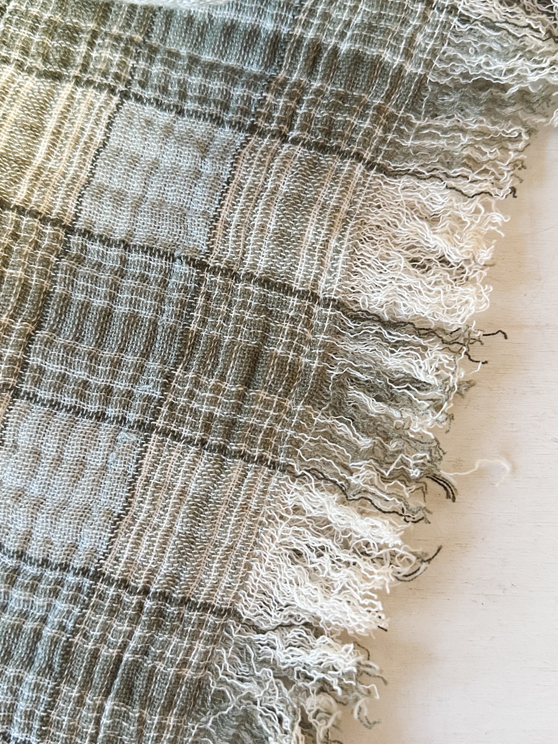 woven cotton blend double cloth throw with plaid print and frayed edges at The Rustic Barn in Killingworth CT