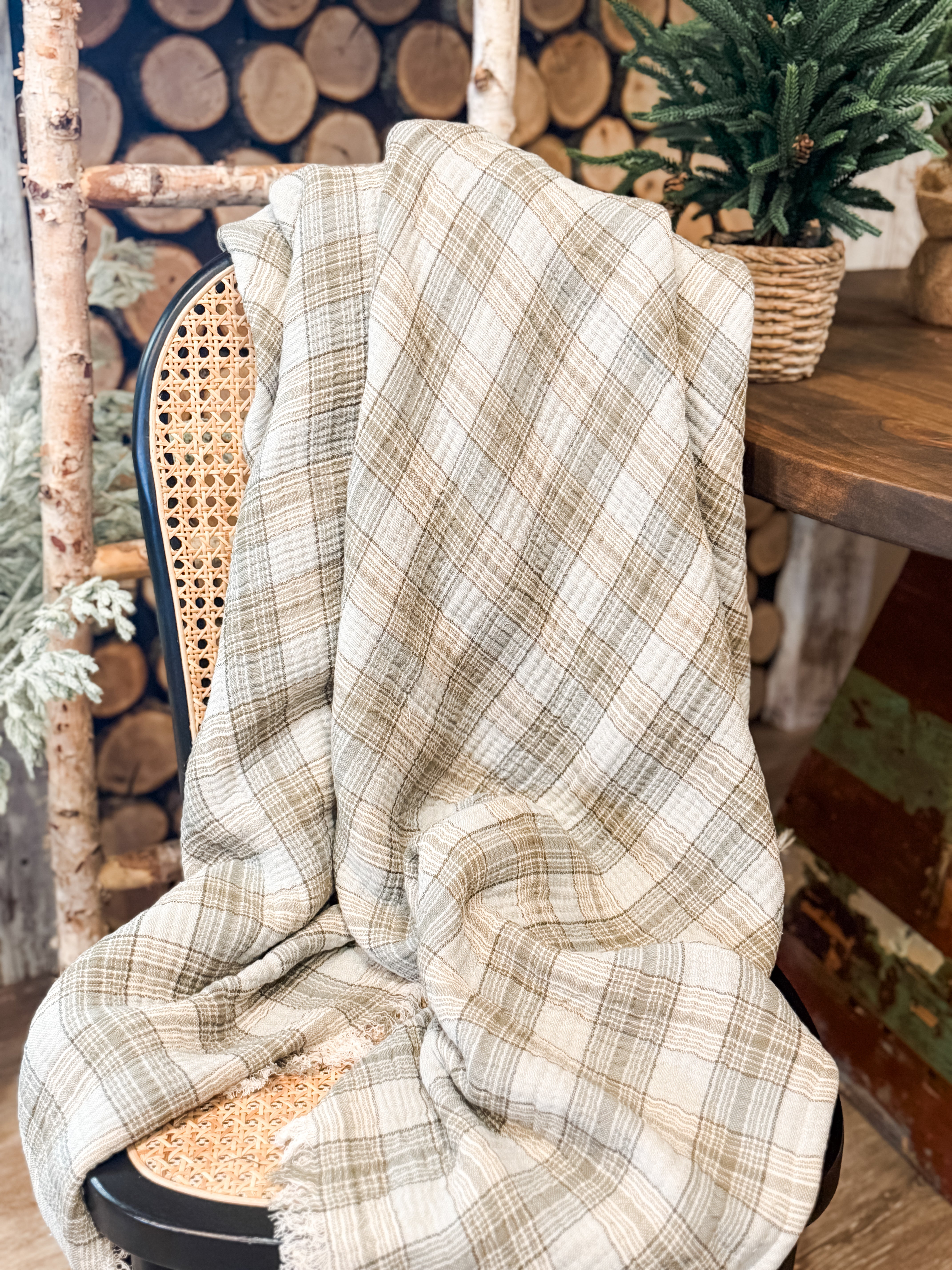 woven cotton double cloth throw with plaid pattern cream and green at the rustic barn in killingworth ct