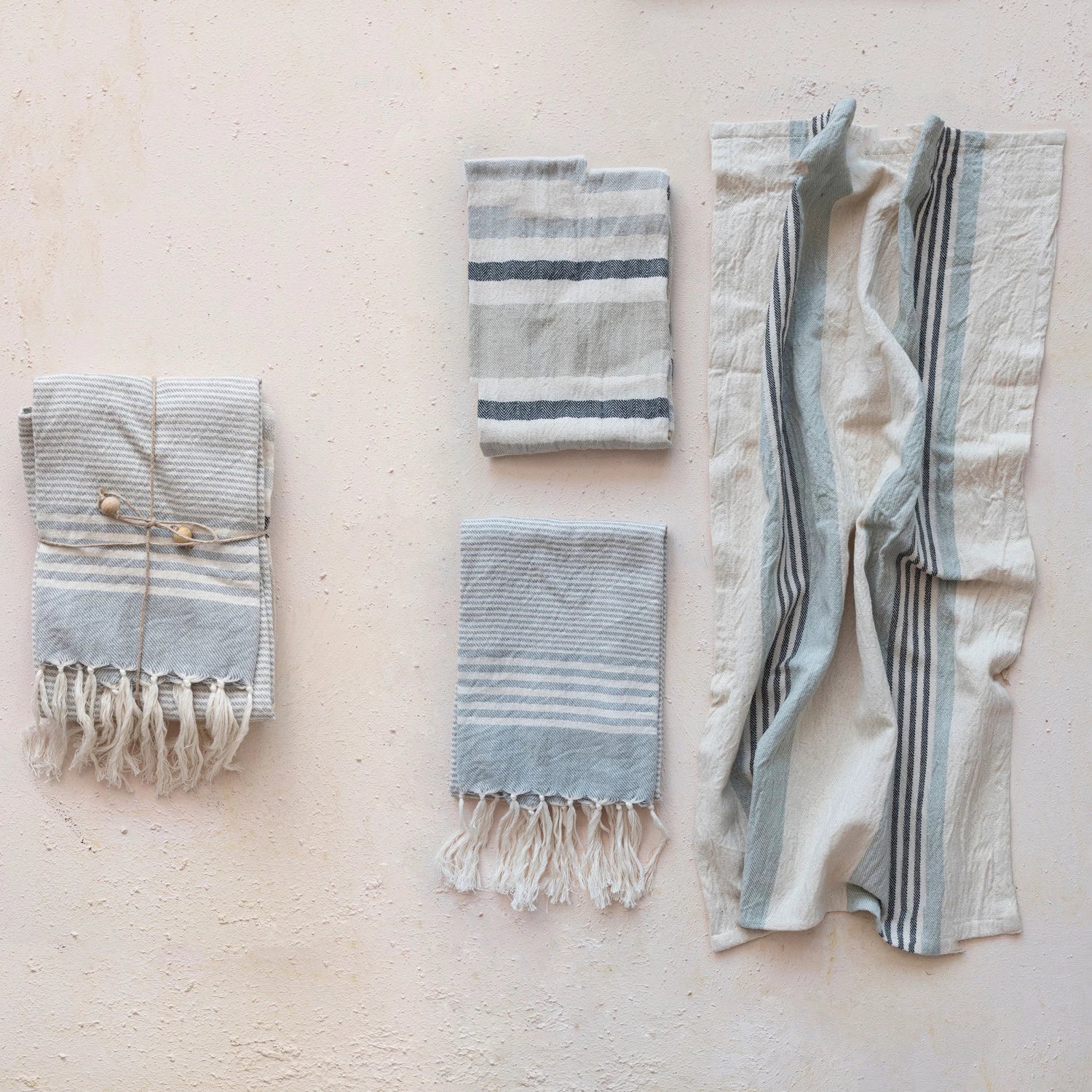 Woven Cotton Tea Towels w/ Stripes, Jute & Wood Bead Tie, 3 Styles, Set of 3