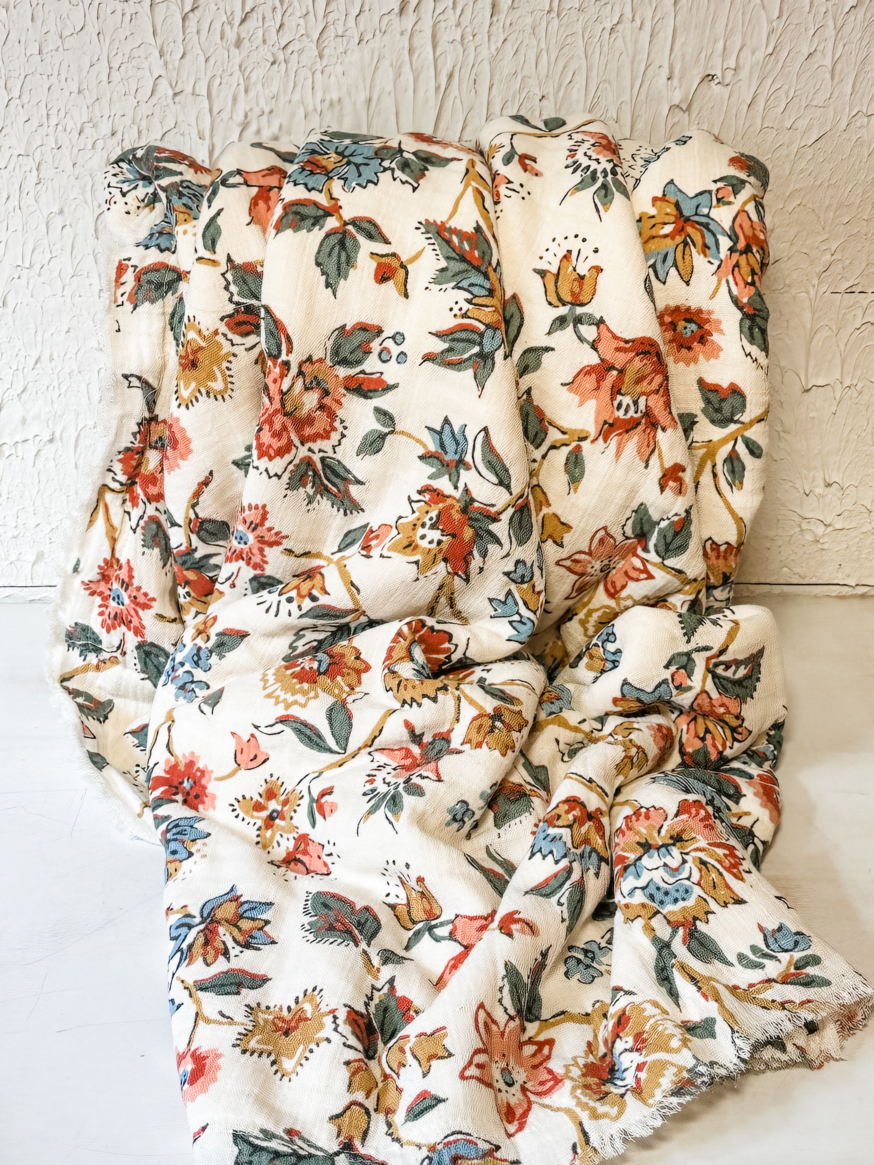 woven cotton throw with sherpa back and flower print with fringe at the Rustic Barn in Killingworth CT