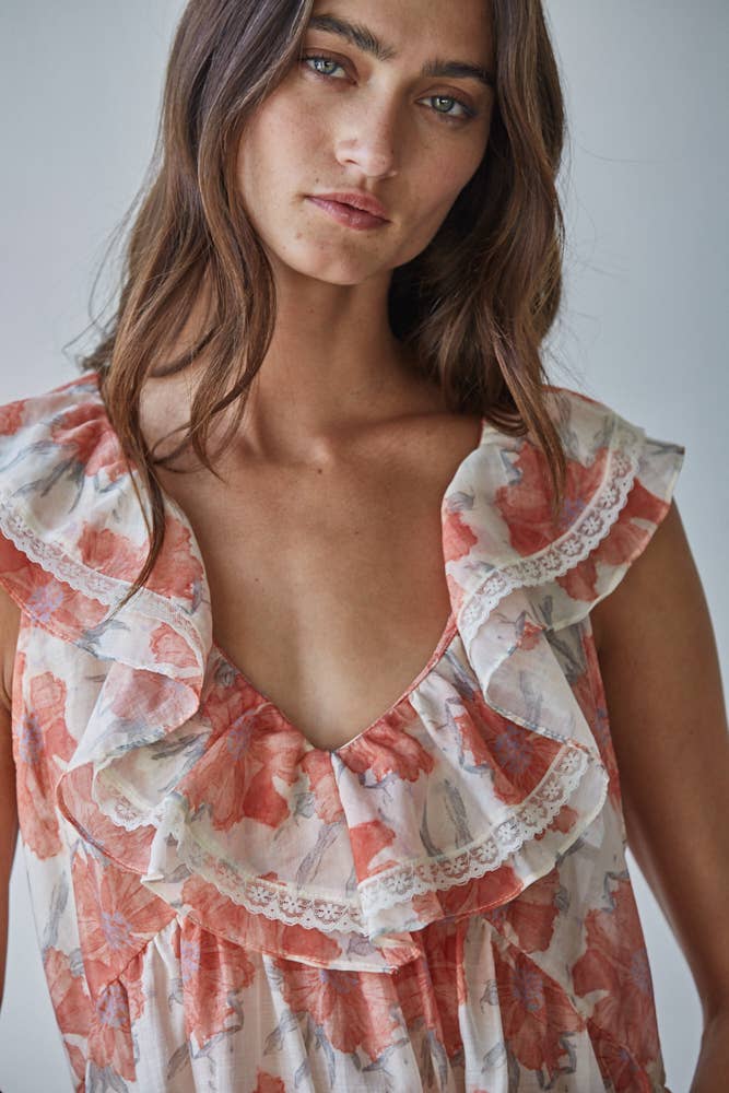 coral floral print ruffle top at the rustic barn in Killingworth ct