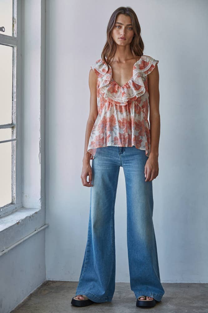 coral floral print ruffle top at the rustic barn in Killingworth ct