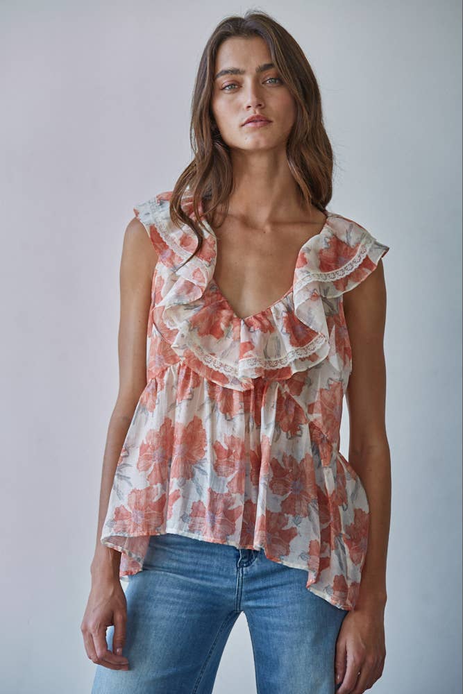 coral floral print ruffle top at the rustic barn in Killingworth ct