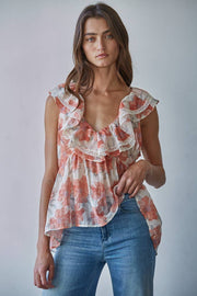 coral floral print ruffle top at the rustic barn in Killingworth ct